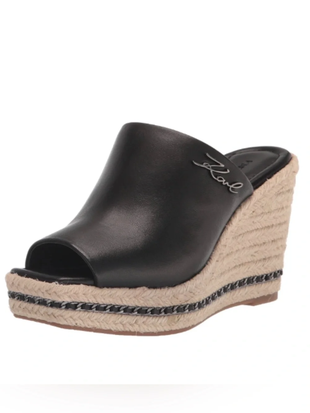 KARL LAGERFELD Corissa Black Leather Espadrille Platform Wedge Sandals 8.5 Women